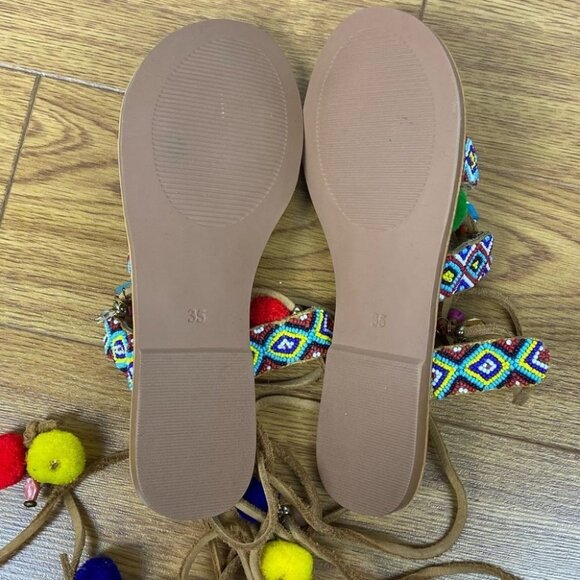 India Grace Pipa Boho Tie Up PomPom Gladiator Sandals Size 5 Sambag Charms Beach - Picture 10 of 16